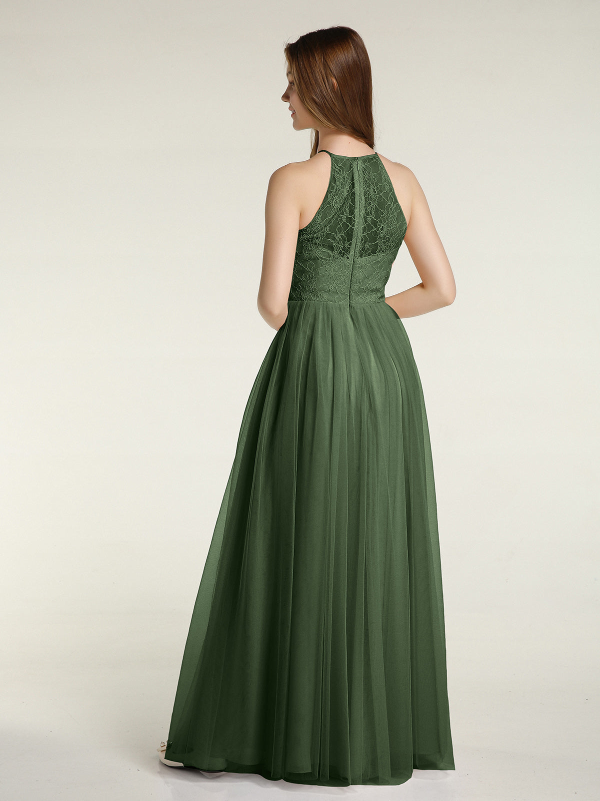 Lace Bodice and Tulle Skirt Long Dresses-Olive Green